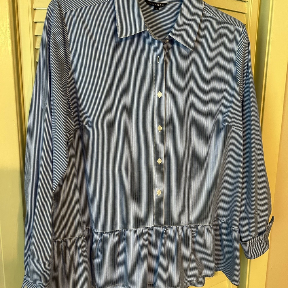 Hannah Blue Striped Button Down Shirt with ruffled bottom.
